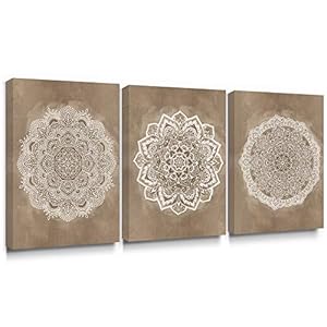 SUMGAR Boho Wall Art Koffie Bruin Mandala Canvas Print Bloem Schilderij Bloemen Foto’s Indiaas Boheems Patroon Ingelijst Modern Kunstwerk voor Woonkamer Slaapkamer Badkamer 30x40cmx3 Stukken