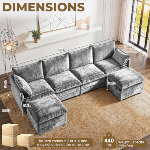 Image of LEVELEVE 146 inch U-Shape Modular Sofa with 2 Ottomans, Deep Seat Cloud Convertible Sleeper, 2 Arm Pillows, Cozy Large Upholstered Furniture for Living Room Apartment, Dark Grey