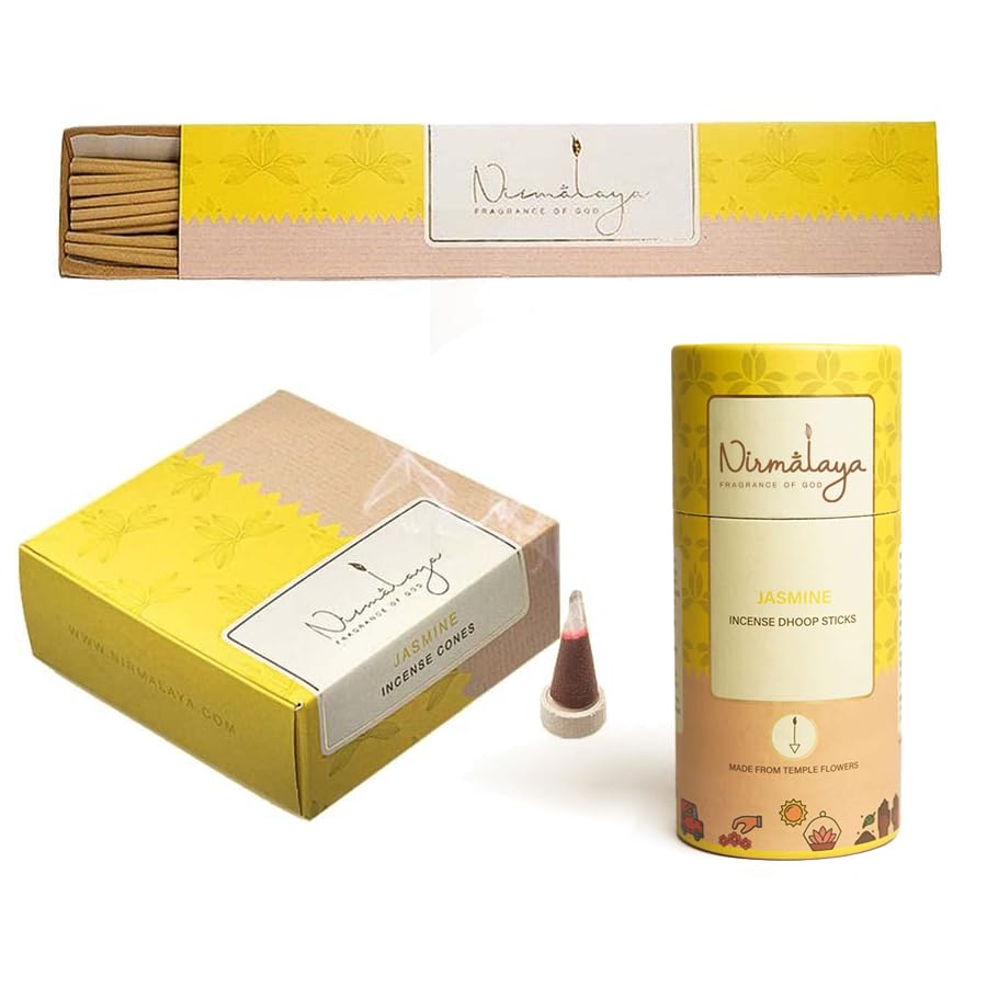 Image of Nirmalaya Premium Jasmine Incense Combo Pack | 100% Natural Organic | 40 Incense Sticks, 40 Incense Cones, 40 Dhoop Sticks | for Pooja, Meditation & Yoga (Jasmine) | Free Stand Inside