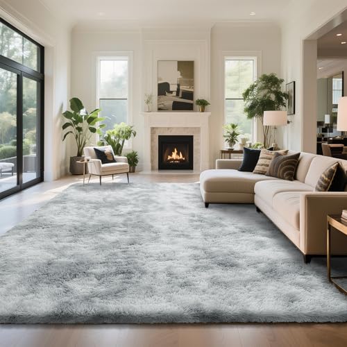Fluffy Rug Shaggy Area Rug, Gradual Grey 10x14 Area Rugs for Bedroom, Super Soft Shaggy Rugs for Living Room Bedroom Kids Room Home Decor, Upgrade Anti-Skid Rectangular Fuzzy Rug