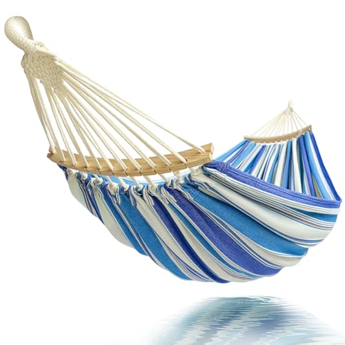 Image of Double Hammock 2 Person Extra Large 220x150cm Total Length 330cm Load 500lb Canvas Cotton Hammock for Patio Porch Garden Backyard Lounging Outdoor and Indoor with Removable Spreader bar