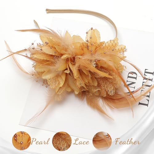 Image of DRESHOW Womens Fascinators Hats Tea Party Hats for Women Pearl Lace Feather Hat Vintage Derby Hats for Wedding Cocktail