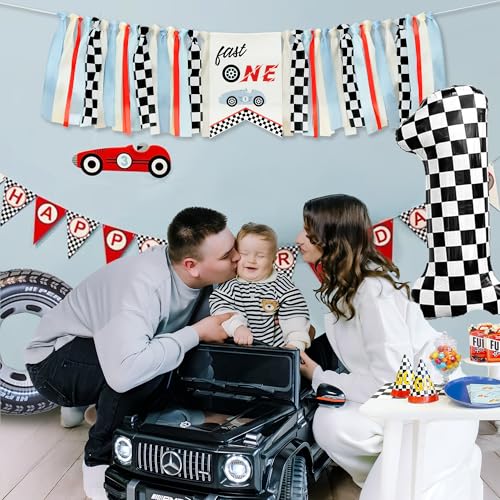 Image of Kriyokiaa Fast One Highchair Banner 1st Birthday Boy Race Car First Birthday Party Decorations Fast One Race Car Photo Prop Cake Smash
