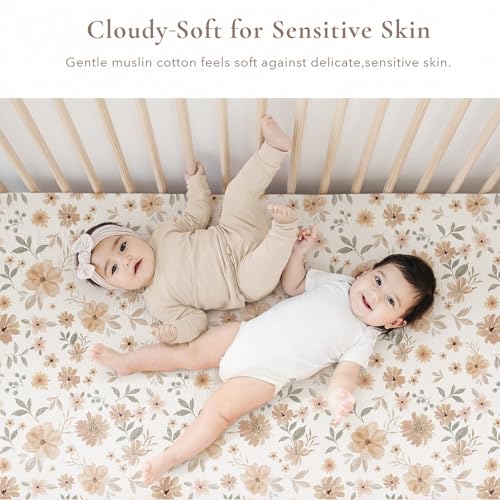 Image of Konssy Muslin Crib Sheets 2 PCS 100% Cotton Baby Crib Sheets for Standard Crib Mattress (28 inch x 52 inch), Soft and Breathable for Boys, Girls (Toffee, Flourish)