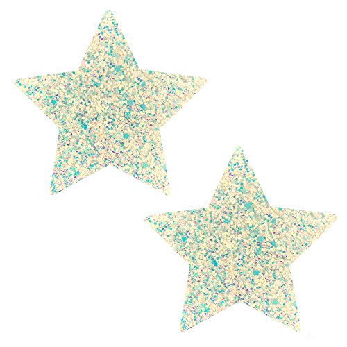 Neva Nude Super Sparkle White Iridescent Glitter Star Nipztix Pasties Nipple Covers for Festivals, Raves, Parties, Lingerie and More, Medical Grade Adhesive, Waterproof and Sweatproof, Made in USA
