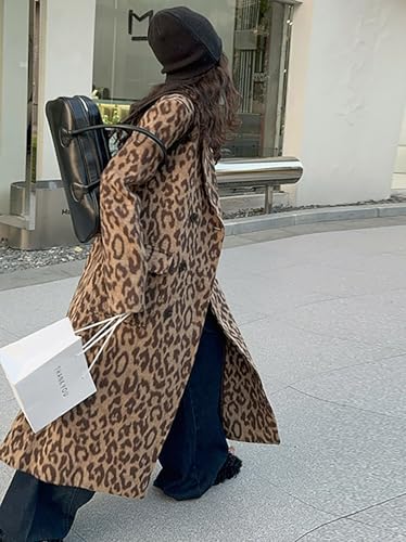 utcoco Womens Leopard Long Wool Trench Coat Notched Lapel Double Breasted Pea Coat Winter Warm Overcoat3
