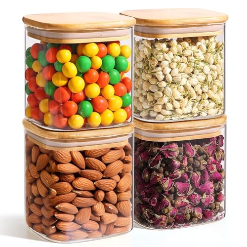 ComSaf 0.7 Qt Glass Food Storage Jars Set of 4, Clear Glass Storage Containers with Lids, Pantry Organization Jar, Spice Jar, Blooming Tea, Coffee and Sugar Container, Small Canister Set for Kitchen