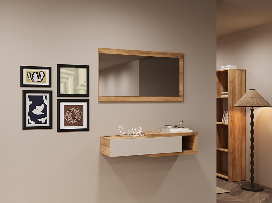 Meyvaser.com Ecommerce Company Console d'entrée horizontale avec tiroir et miroir Mauvella Beige 91,5 x 26 x 70 cm Meuble auxiliaire moderne et fonctionnel...