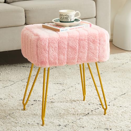 Leesingdo Vanity Stool Chair, Soft Faux Fur Chair, Makeup Stool with 4 Metal Legs & Adjustable Gold Feet, Modern Gray Ottoman Foot Rest, Vanity Stool for Makeup Room Bedroom, Pink