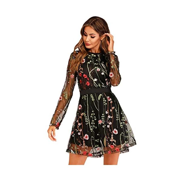 Milumia-Womens-Floral-Embroidery-Mesh-Round-Neck-Tunic-Party-Dress Milumia Women's Tunic, Black, Large
