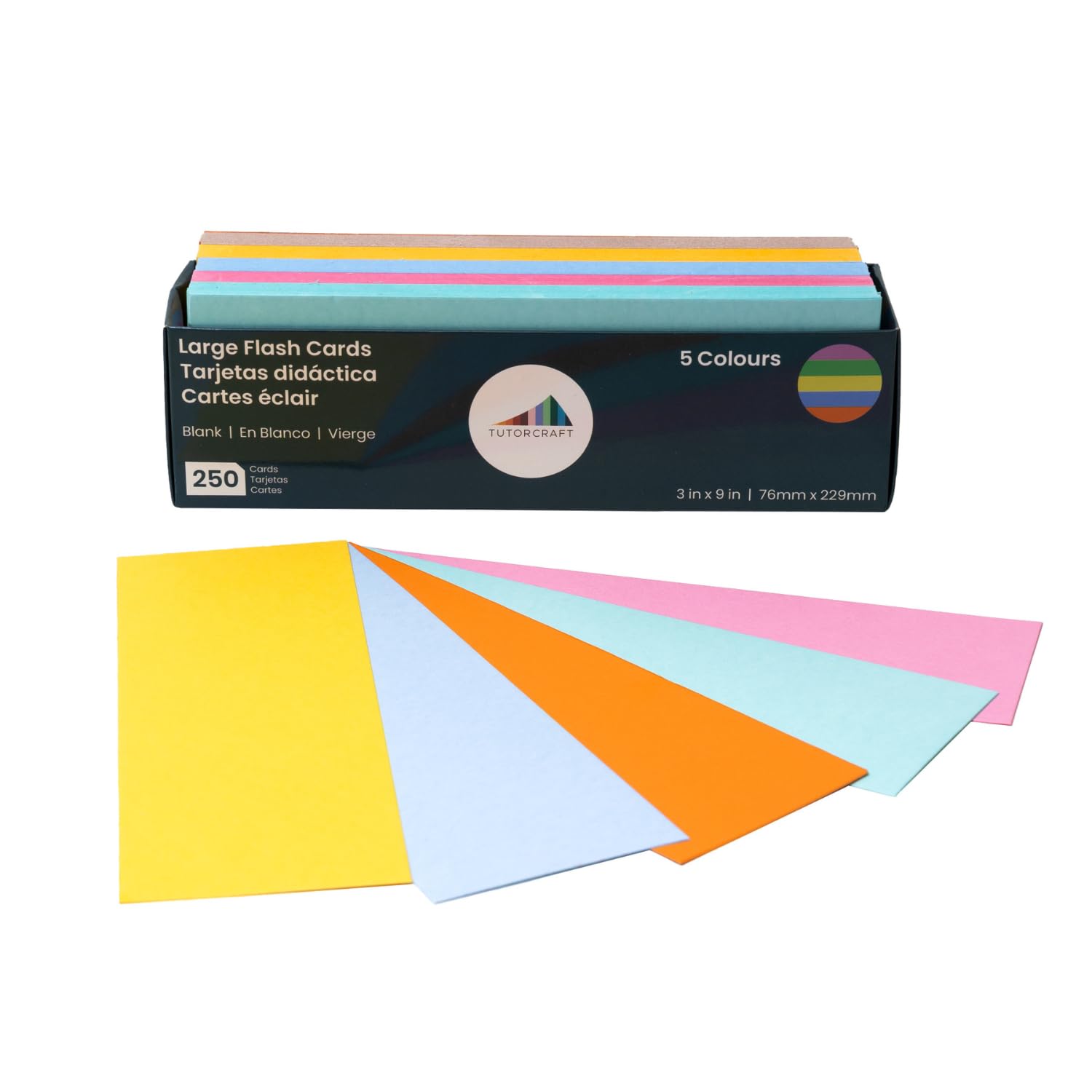 TutorCraft Large Flash Cards Revision Cards 250 Pack (3" x 9") – Index Card for Study Revision Color-Coding & Project Management