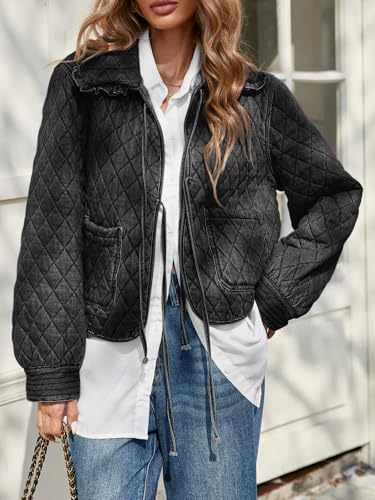Image of Tankaneo Womens Quilted Denim Puffer Jackets Tie Front Bow Cropped Puffy Jackets Fall Cute Short Jeans Coat
