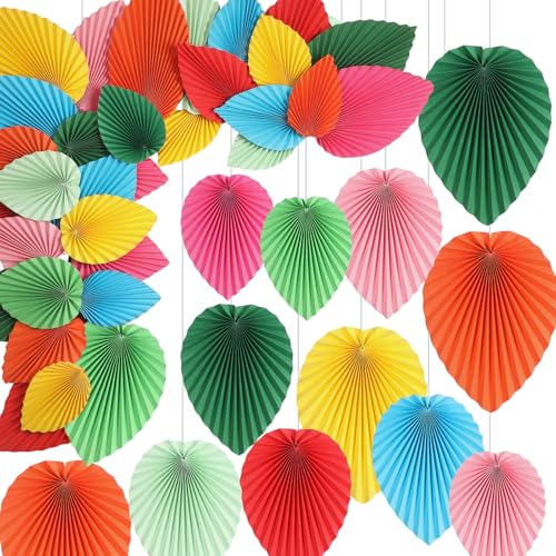 MotiMind 40 Pcs Mexican Paper Fans Party Decorations Hawaiian Paper Palm Leaves Fiesta Vibrant Colorful Fans Backdrop Decor for Carnival Party Supplies Birthday Wall Photo Props