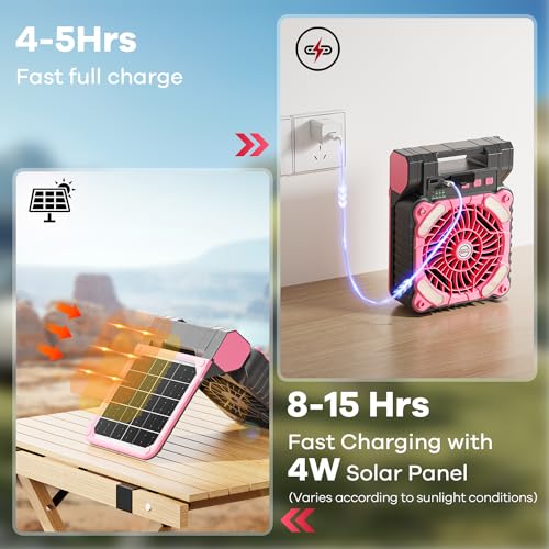 Solar-Powered-Fan-for-Camping-10400mAh-Rechargeable-Battery-Operated-Portable-Fan-with-LED-Lantern-4-Speeds-Powerful-Wind-and-3-Timer-Table-Fan-for-PicnicTravelBarbeque-Bedroom