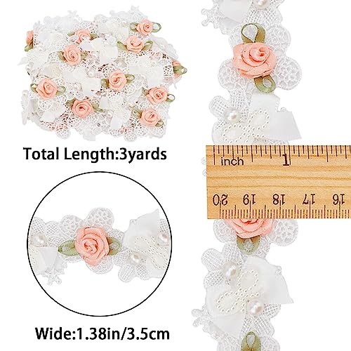 GORGECRAFT 3 Yards Pearl Flower Beads Lace Edge Trim 35mm Width White Edging Trimmings Ribbon Rose Beads Bow Embroidered Floral Applique Fabric for DIY Sewing Craft Clothes Wedding Dress Embellishment - Image 2