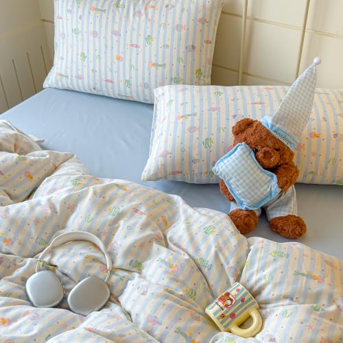 Image of VM VOUGEMARKET Kids Fish Duvet Cover Set Twin,Blue Striped