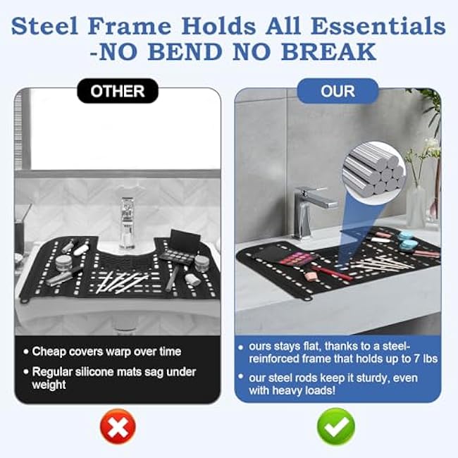 Bathroom Sink Cover for Counter Space,Foldable RV Sink Cover,Heat-Resistant Silicone Makeup Brush Cleaner Mat with Reinforced Steel Rod Frame,21.7x16.9 Inch Sink Covers with Hanging Loop1