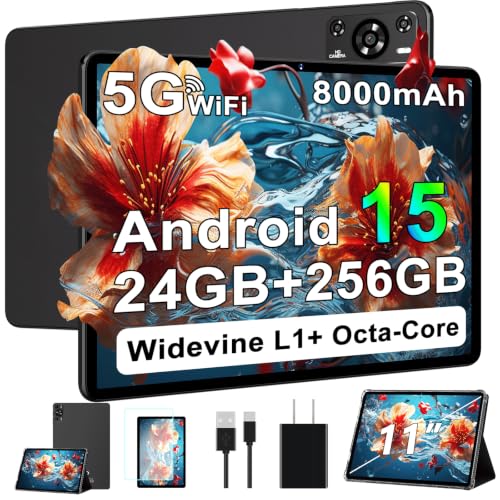 Image of 11 Inch Tablet, 2026 Android 15 Tablets with Octa Core, 24GB+256GB, 13+5MP Camera, Electronics Tablets with Widevine L1, 8000mAh Battery, 5G WiFi, GPS, HD IPS Display, 1TB Expand, BT 5.0 -Metal Black