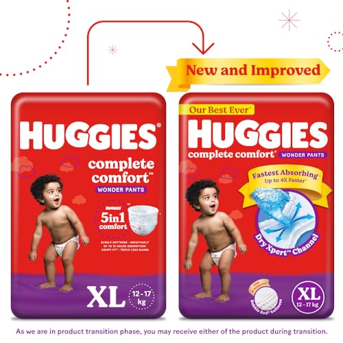 Image of Huggies Complete Comfort Wonder Pants | Pant Style Baby Diapers XL Size, 68 Count | India's Fastest Absorbing Diaper, Patented Dry Xpert Channel, Ideal for 12 to 17 Kgs (Pack of 2)