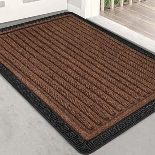 Image of Yellow Weaves 2 Pcs Door Mat for Home Entrance, Outdoor Rubber Mat - Non-Slip, Anti Skid Foot Mat, Dirt Trapper, Heavy-Duty, Weather-Resistant, Waterproof Doormat (40x60cms, Stripe,Brown Color)