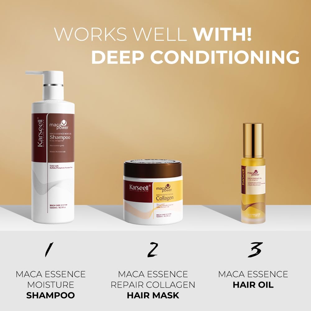 Karseell Hidratante Reparación Sets de Pelo, Colágeno Mascarilla Pelo, Champú Hidratante Y Aceite de Pelo para Seco y Dañado el Cabello, 2 x 500ml + 50ml