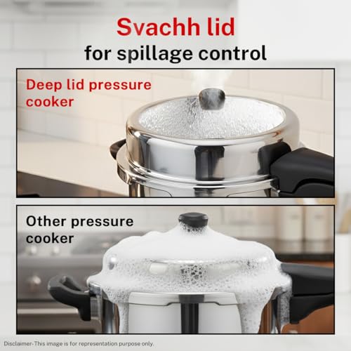 Image of Prestige 8 Litre Stainless Steel Deluxe Alpha Svachh Outerlid Pressure Cooker |Deep lid for spillage control|10 years warranty|Gas & Induction compatible|Gasket release system|ISI Certified