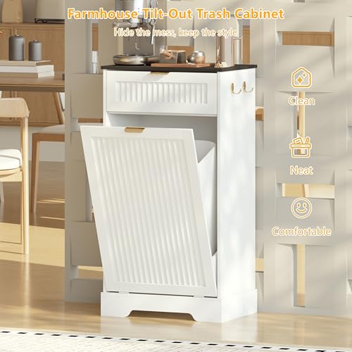 Image of Single 13 Gallon Tilt Out Trash Can Cabinet,Garbage Cabinet with Drawer | Hidden Garbage Storage with Fluted Design, Drawer & Hooks for Kitchen, Dining Room and Small Space Organization,White
