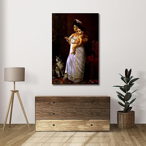 Image of Sikhash Raja Ravi Varma Canvas Paintings Classic Art, Indian Art, Famous Artist, Wall Painting for Living Room, Bedroom, Unframed, Multicolor Fabric - 23x15 inches (58x38 cms, Here Comes Papa)