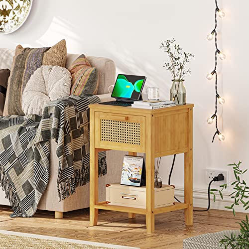 Viagdo Nightstand With Charging Station, Bamboo End Table With Usb Ports & Power Outlets, Bed Side Table With Rattan Drawer, Nightstands Set Of 2 For Bedroom, Living Room, Natural, 2 Pack #TOP6