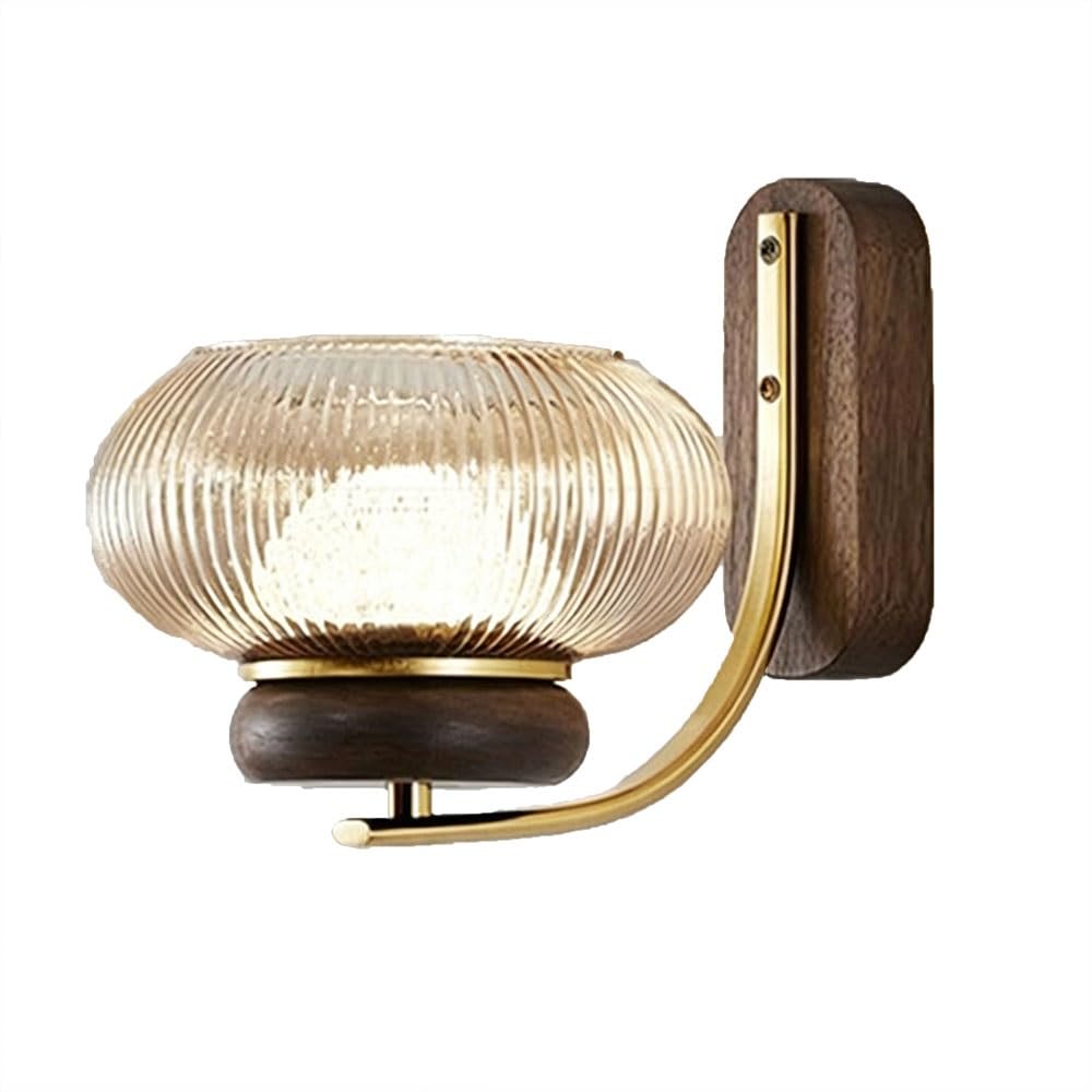 FEITENGDA Mid Century Solid Wood Accent Wall Sconce Minimalist Ribbed Round Glass Shade Wall Lamp Interior Bedside Decor Wall Mount Light for Living Room Hallway Bedroom Study