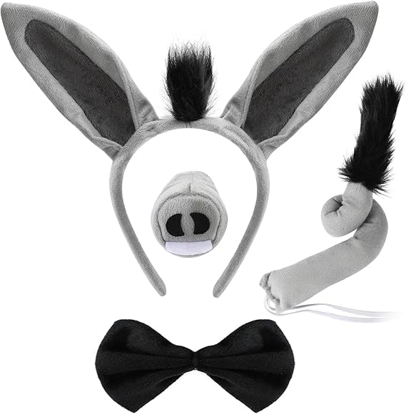 Spiritzohic 4 Pcs Donkey Costume Set, Donkey Animal Fancy Dress Outfit Set Donkey Ears and Tail Headband Nose Bow Tie Set Animal Costume Accessories for Halloween Christmas Carnival Cosplay Party