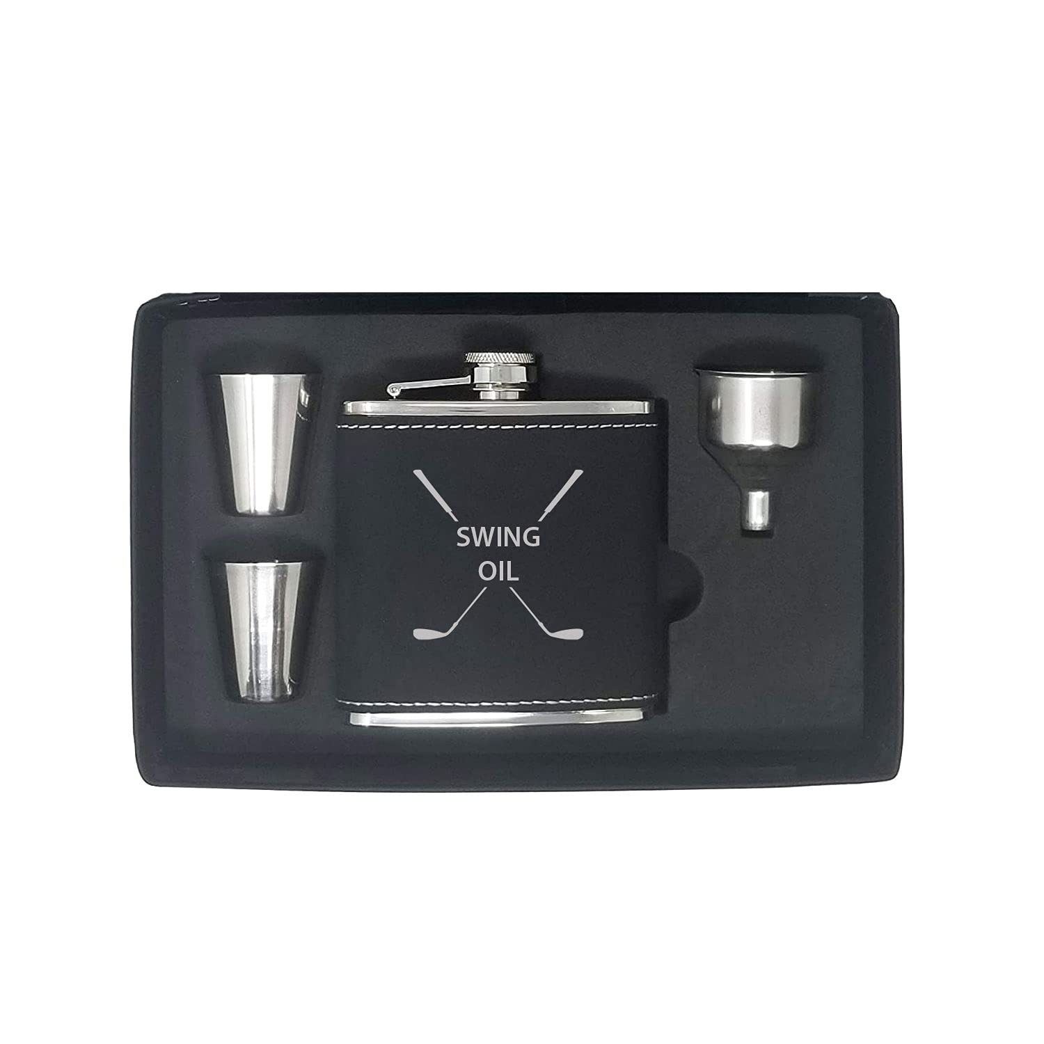 Swing Oil Flask, Funnel, Shot Glasses, and Gift Box - Golfing Birdie Juice Hip Stainless Steel Leatherette Metal Faux Leather 6-Ounce Golf Bag Flask (Black)