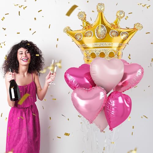 Image of Pink Mixed Heart and Crown Balloon Galentines Valentines, Gold Large Crown Foil Balloons with Hot Light Pastel Pink Heart Shape Mylar Balloon Set for Girls Princess Queen Pink Party Decoration