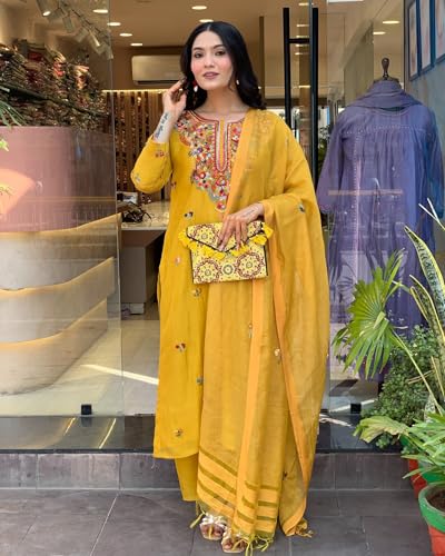 Image of ANNI Designer Women's Rayon Viscose Embroidered Straight Kurta with Pant & Dupatta