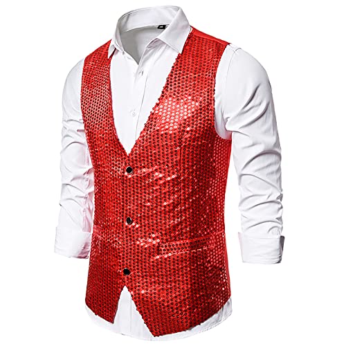 Sinzelimin Vest For Men's Fashion Sequins Vest Jacket With Bow Tie, V-Neck Sleeveless Business Wedding Suit Vests Waistcoat Red #TOP4