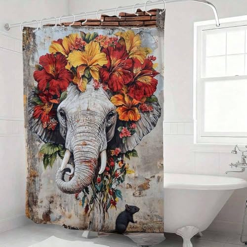 Rideau de douche éléphant floral imperméable pour éviter les fuites d'eau - 3