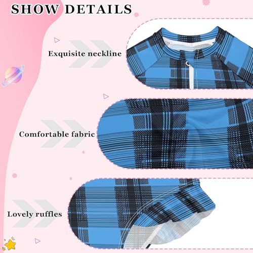 Blue Buffalo Check Plaid Girls Long Sleeve Rashguard Swimsuit UV Protection One-Piece Swimwear B04039534