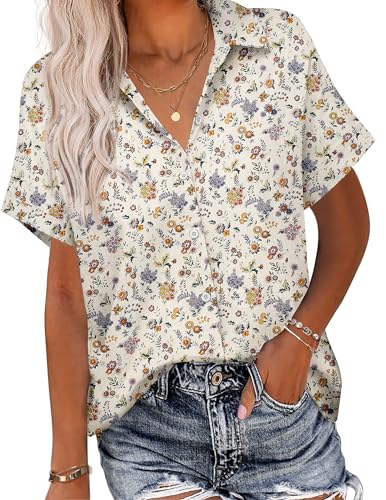 HOTOUCH Womens Blouses Short Sleeve Shirts Linen Button Down Tops Floral Beige Loose Fit Cotton Blouses M