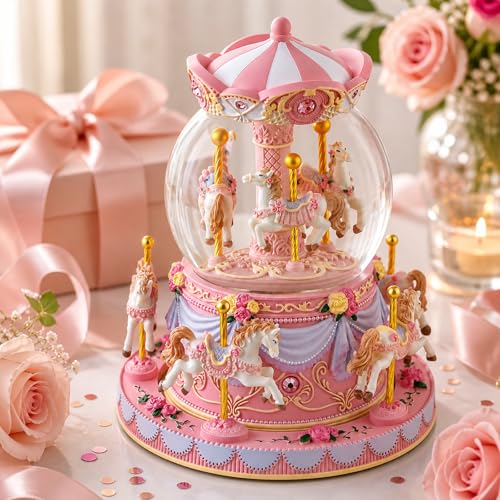 Image of Carousel Snow Globe Music Box with Rotating Horses & LED Lights, Plays You are My Sunshine, Wind Up Musical Snow Globe Keepsake Gift for Daughter, Mom, Wife, Sister, Birthday Christmas Decor