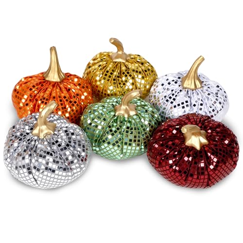 FORUP 6 Pcs Thanksgiving Pumpkin Set, Soft Stuffed Artificial Fall Pumpkin Decoration, Assorted Harvest Sparkly Pumpkins for Farmhouse Fall Halloween Autumn Thanksgiving Harvest Home Decorations