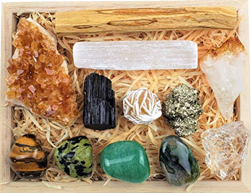 Premium Abundance and Prosperity Crystal Gift in Wooden Box - Black Tourmaline, Palo Santo, Citrine Crystal, Selenite Stick, Pyrite, Raw Quartz Crystal, Desert Rose, Tiger Eye, Moss Agate, Nephrite