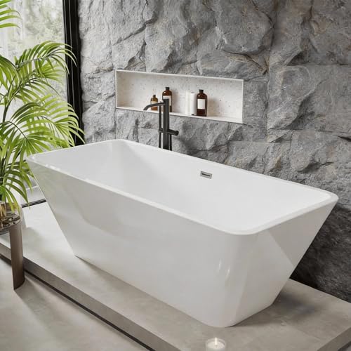 Image of GarveeHome 66'' Acrylic Freestanding Bathtub, Deep Soaking Tub with Non-Slip Base, cUPC Certified Free Standing Tub, Chrome Drain Bath Tub, Modern Tub for Bathrooms, White