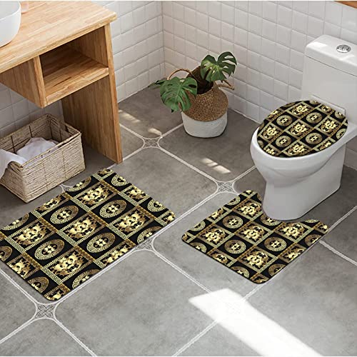 Badezimmer Set, rutschfeste Badematte und WC-Vorleger-Set, Gold Barock Modern Floral Golden 3D Damast Blumen Blättern…