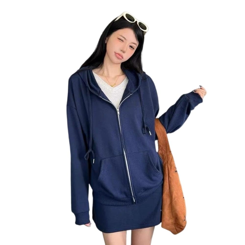 LDMYB Damska bluza z kapturem z zamkiem błyskawicznym, luźna bluza z kapturem oversize z kieszeniami, długi rękaw, bluza z kapturem ze sznurkiem, do codziennego uprawiania sportu, granatowa