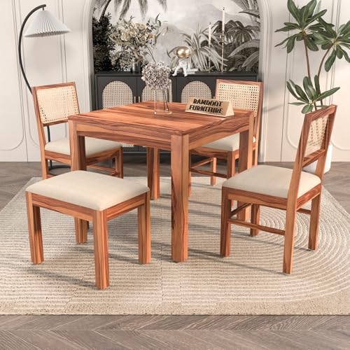 Image of Solid Wood Cane 4 Seater Dining Table Set | Four Seater Dining Table with 3 Cushions Chairs & 1 Bench for Dining Room | 4 Seater Dining Set for Hotel Restaurant | Sheesham, A-Honey