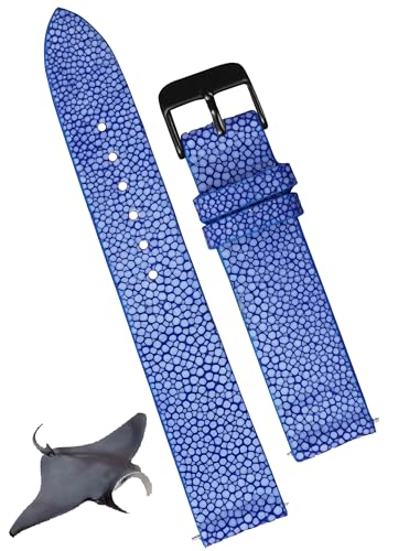 vinacreations 21mm Blue Thin Stingray Watch Band Men Slim Exotic Leather Watch Strap Flat Vintage Wristwatch Band Handmade Replacement Strap Extra Soft Valentine's Gift for Him Her DH-NO-63B-21MM