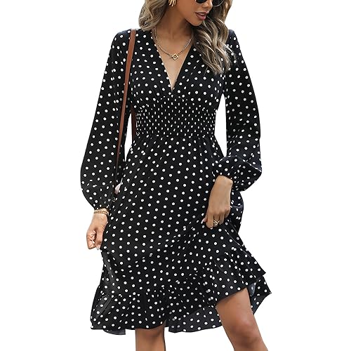 😊Abito a pois : abito casual midi a maniche lunghe da donna con scollo a V per mostrare il tuo affascinante décolleté, elegante lunghezza midi, stampa a pois, orlo fluido rilassato, stile micro pieghettato che cattura gli occhi, fanno di questo abito il tuo must-have nella moda.