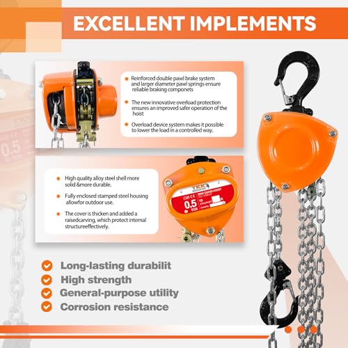TKK 1/2 Ton Chain Hoist - 1100lbs Capacity, 10FT Manual Hand Chain Block with Heavy-Duty Hooks and Industrial-Grade Structures for Garages, Warehouses, Automotive, and Machinery Lifting - Thumbnail 5