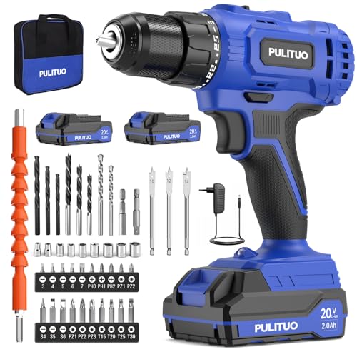 PULITUO Taladro Percutor a Batería, Taladro Atornillador Batería 20V c/ 2x2,0Ah, 45 Nm, 25+1 Niveles de Par, Portabrocas de 1/2', 2 Velocidades, Con Set de Accesorios, Bolsa Incluida