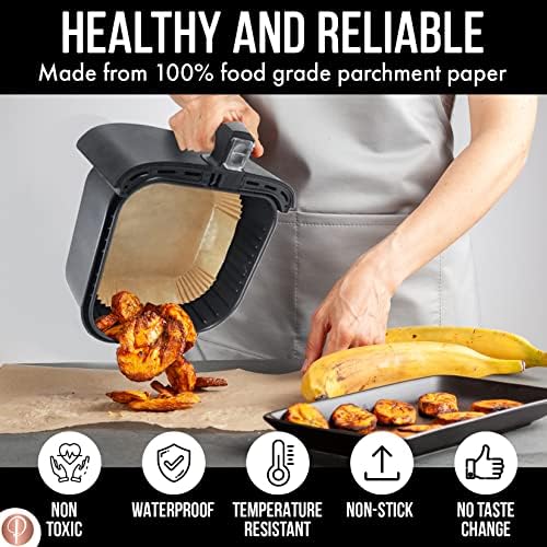 Pips - 100pcs, 7.9 Inch Disposable Air Fryer Liners, Square for 4.3-8L Basket. Free Recipe Download. 100% Biodegradable, Non Stick, Greaseproof, Unbleached Liners. Baking Parchment. Oven Safe.